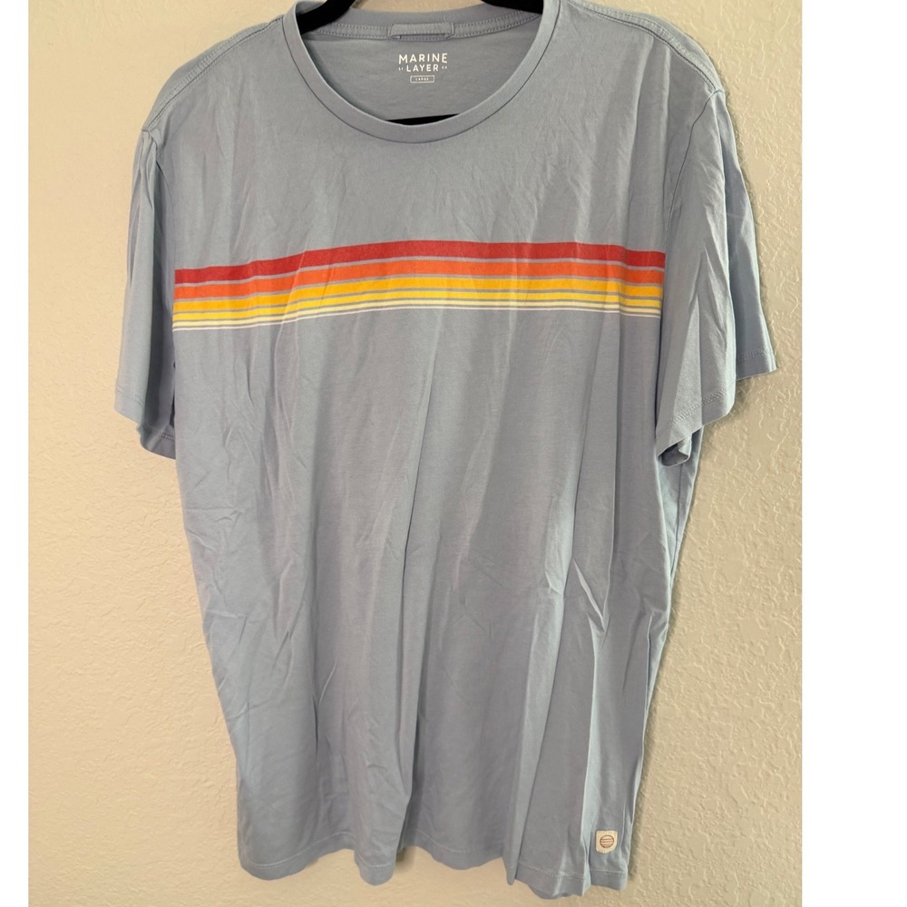 Marine Layer Mens Retro Stripe Cotton Tencel T-Shirt Light Blue Large Rainbow